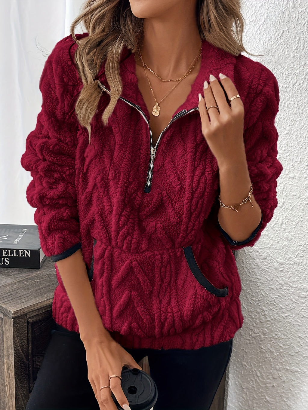 Evodia | Damen-Sweatshirt aus flauschigem Stoff, Pullover mit halbem Reißverschluss, lässiges und bequemes Langarmshirt