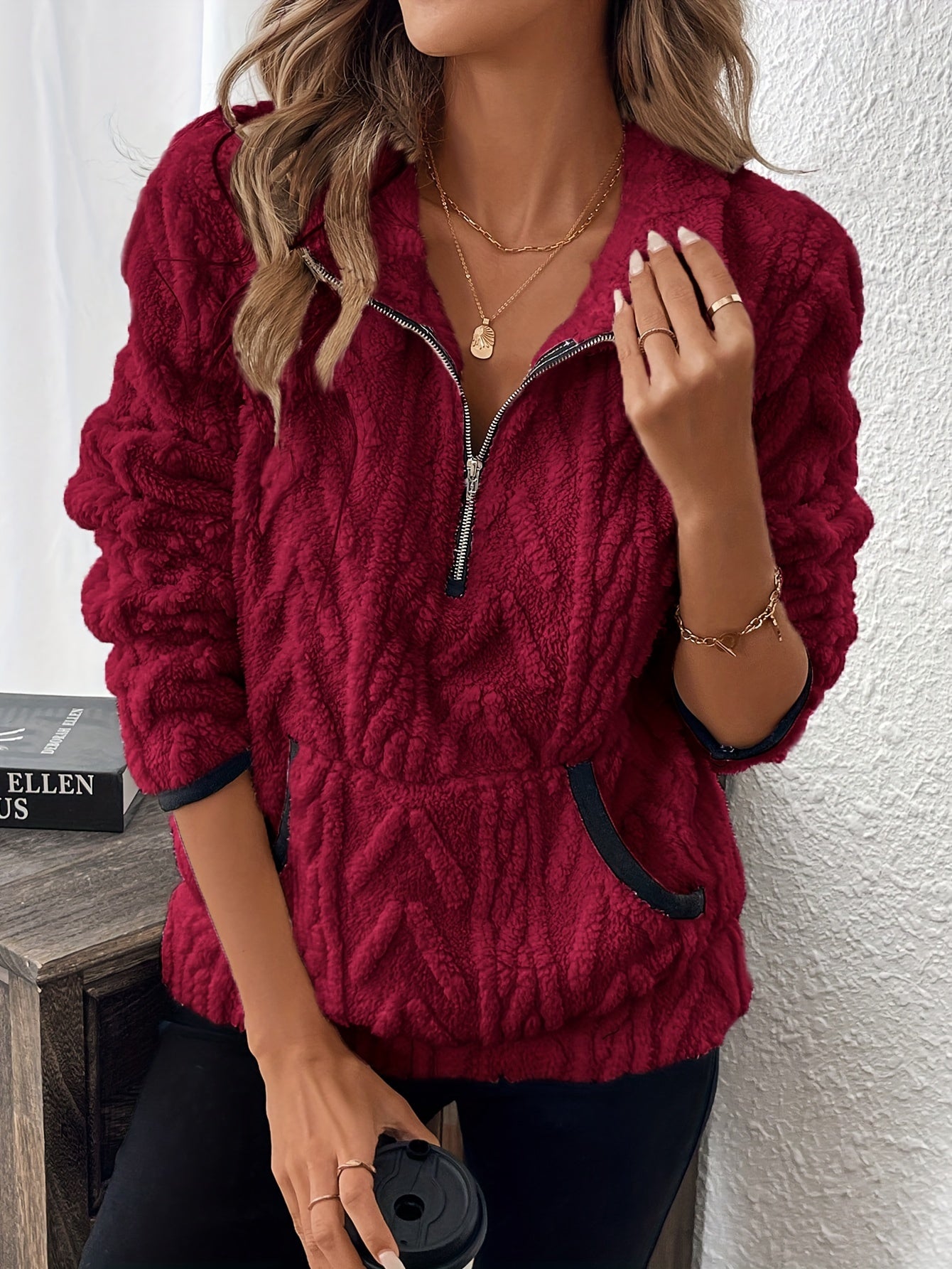 Evodia | Damen-Sweatshirt aus flauschigem Stoff, Pullover mit halbem Reißverschluss, lässiges und bequemes Langarmshirt