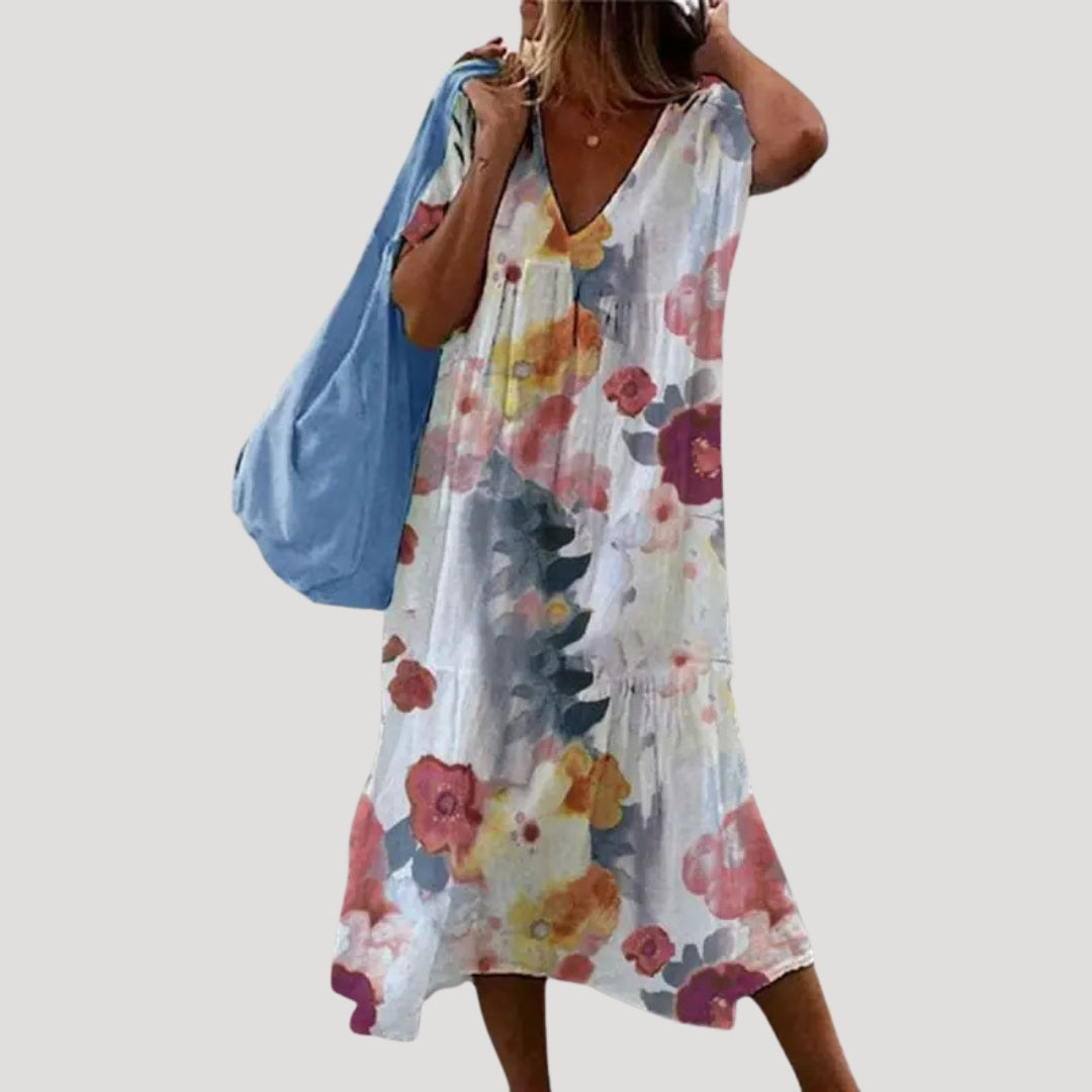 Valeriah | Linnen-Cotton Midi Jurk – V-Hals, Lichte Casual Zomerjurk met Gelaagde Rok