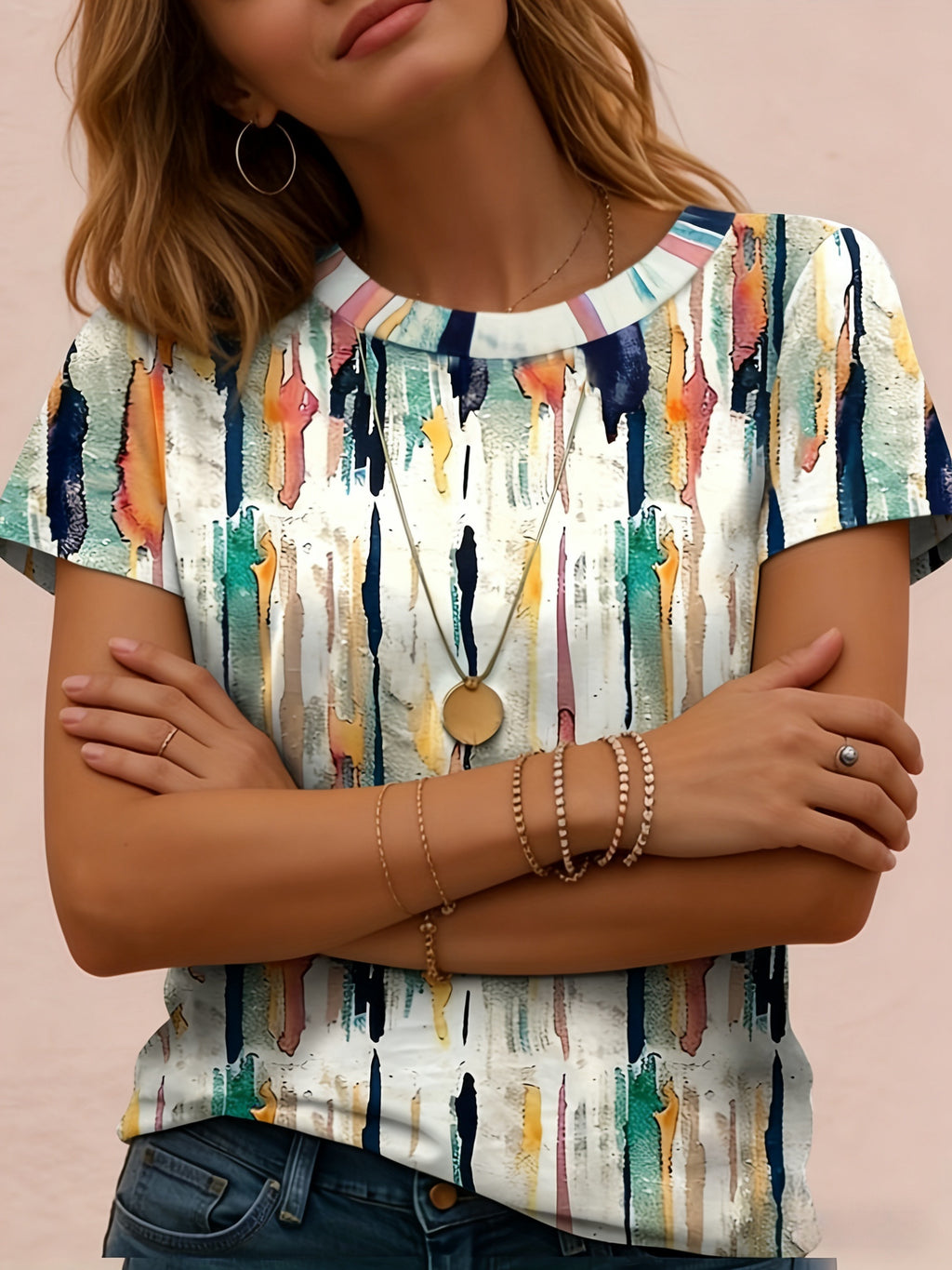 Ienya | Dames-T-shirt met abstracte strepen en grafisch motief – Casual T-shirt met geometrische print, korte mouwen en ronde hals