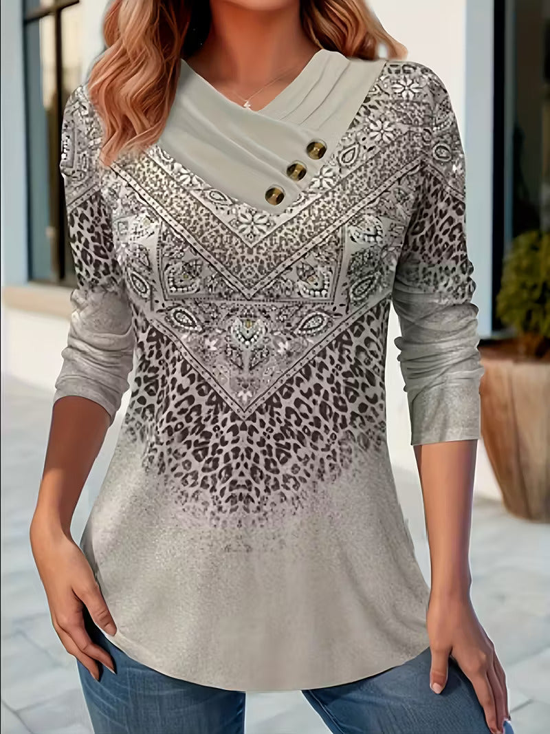 Delsa | Damesblouse met etnische print en 3/4 mouwen – Boho casual blouse