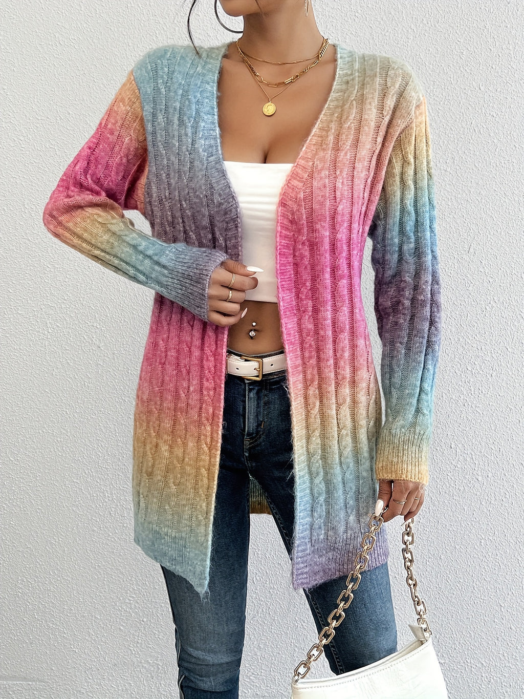 Alyssia | Ombre vest voor dames – pastelroze naar blauw/paars, lang model met open voorkant