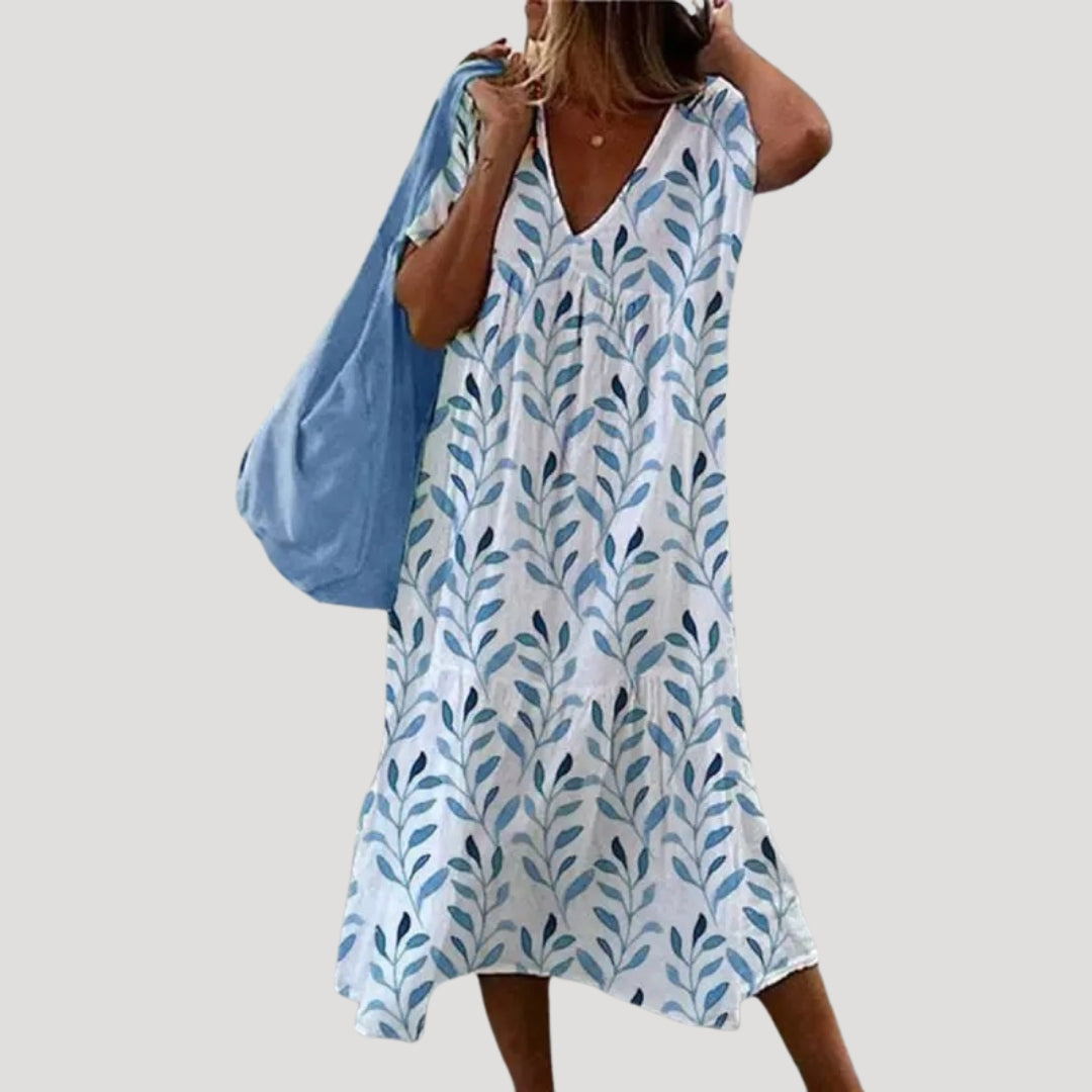 Valeriah | Linnen-Cotton Midi Jurk – V-Hals, Lichte Casual Zomerjurk met Gelaagde Rok
