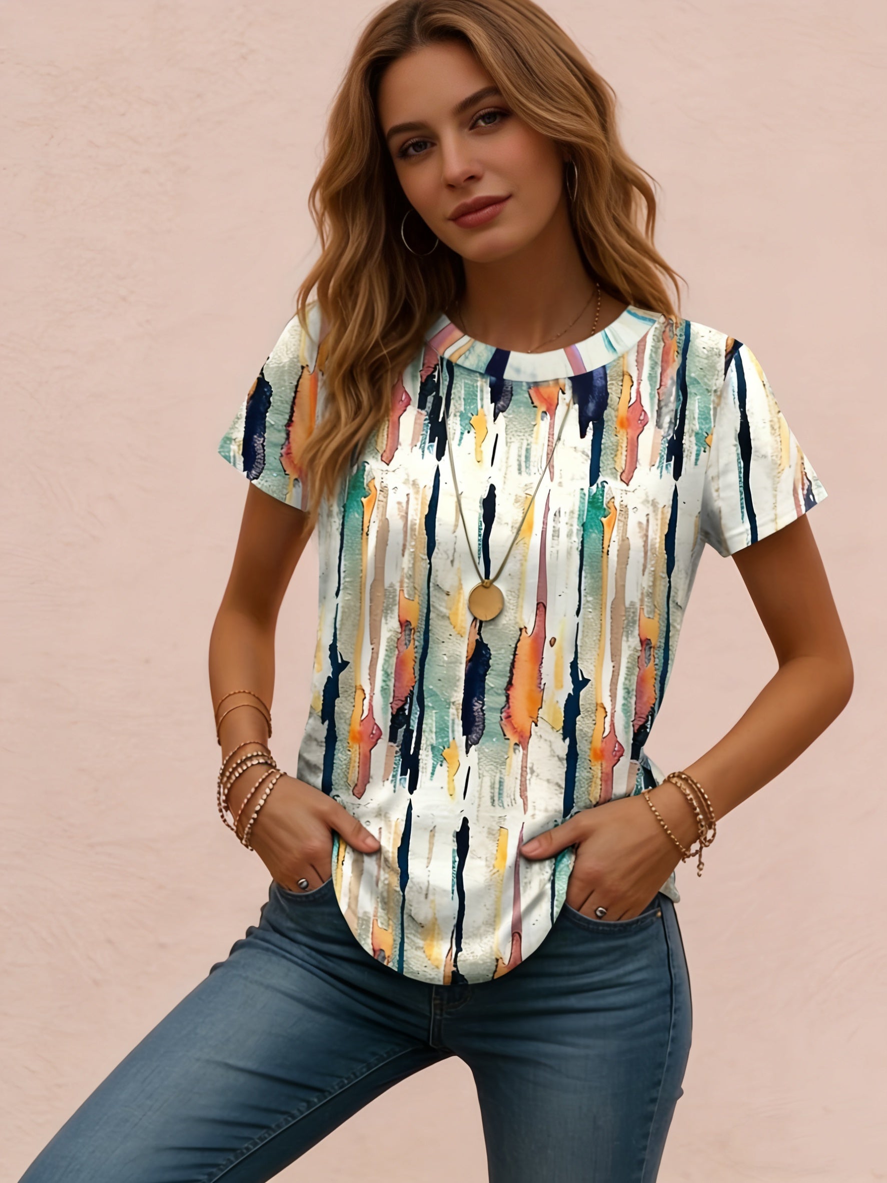 Ienya | Dames-T-shirt met abstracte strepen en grafisch motief – Casual T-shirt met geometrische print, korte mouwen en ronde hals