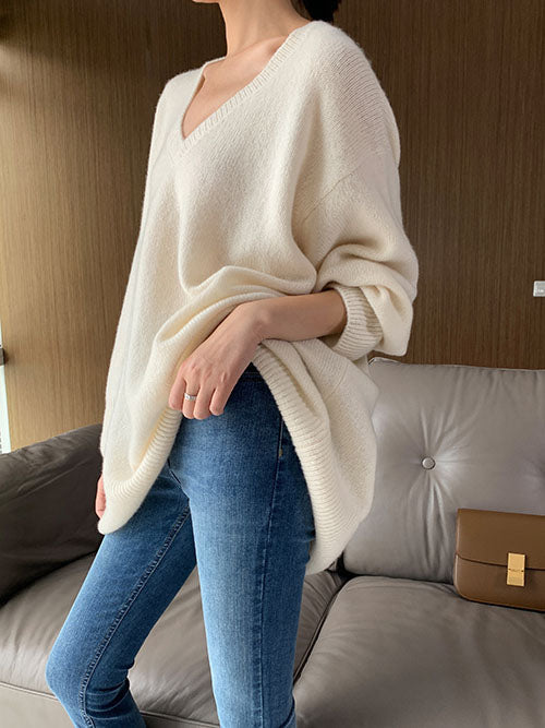 Inger | Pull classique en maille à col V pour femme – Pull ample en cachemire chaud 