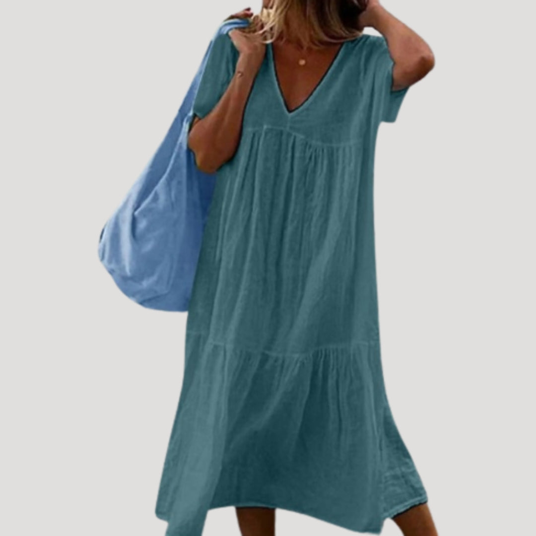 Valeriah | Linnen-Cotton Midi Jurk – V-Hals, Lichte Casual Zomerjurk met Gelaagde Rok