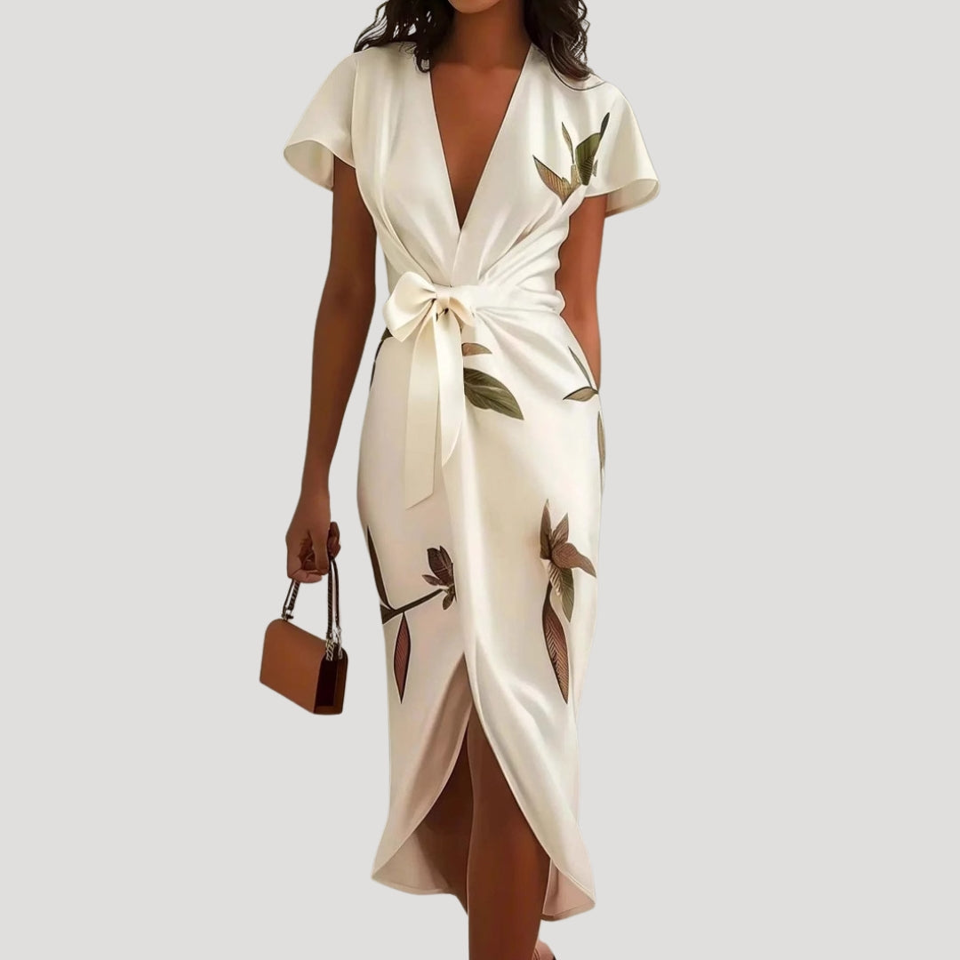 Lysette | Midi-wikkeljurk met bloemenprint voor dames – Zomerjurk met korte mouwen