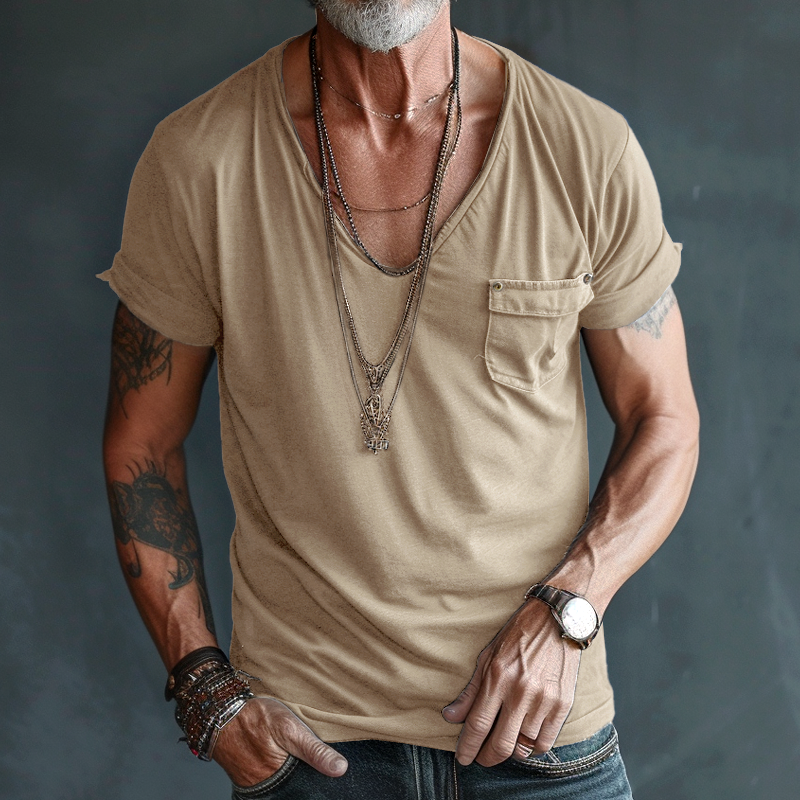Xyvrion | V-hals cargo T-shirt – Casual zomert-shirt met korte mouwen van katoenmix en borstzak