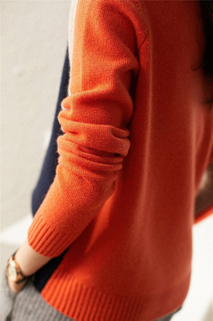 Zelyra | Dames Retro Gestreepte Gebreide Trui – Marineblauw en Oranje, Casual Pullover