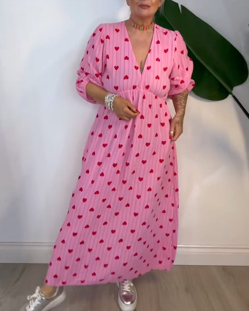 Fexina | Maxi-jurk met hartjesprint voor dames – V-hals, zwierige casual zomeroutfit