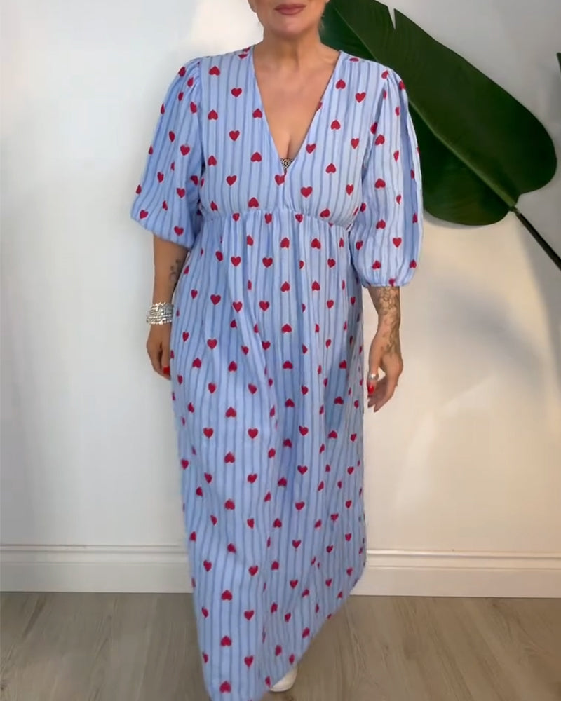 Fexina | Maxi-jurk met hartjesprint voor dames – V-hals, zwierige casual zomeroutfit