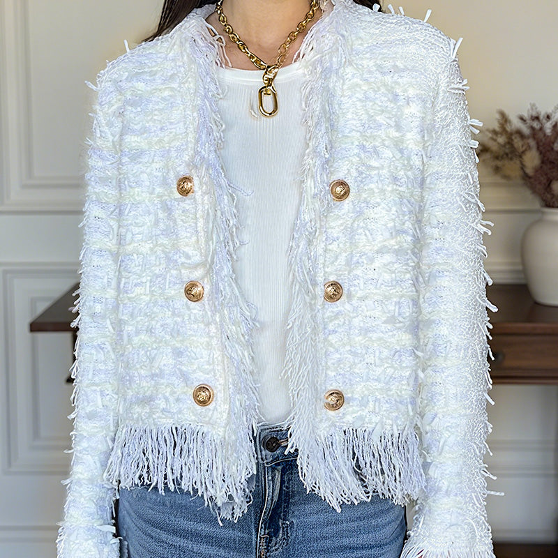 Aislynn | Manteau court à franges – Veste boutonnée chic, vêtement d'extérieur élégant