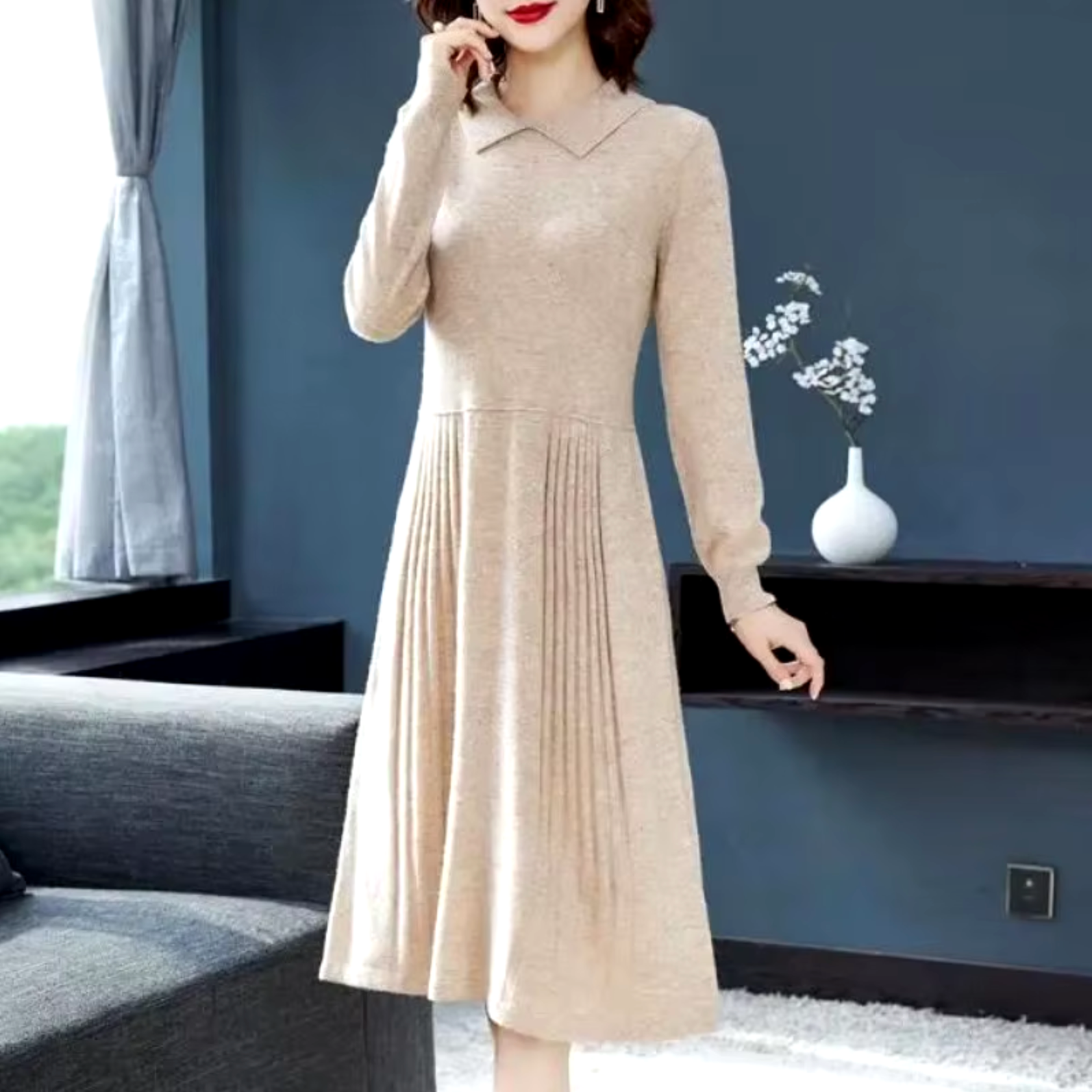 Saki | Dames gebreide jurk met kraag – Elegante geribde knit midi jurk