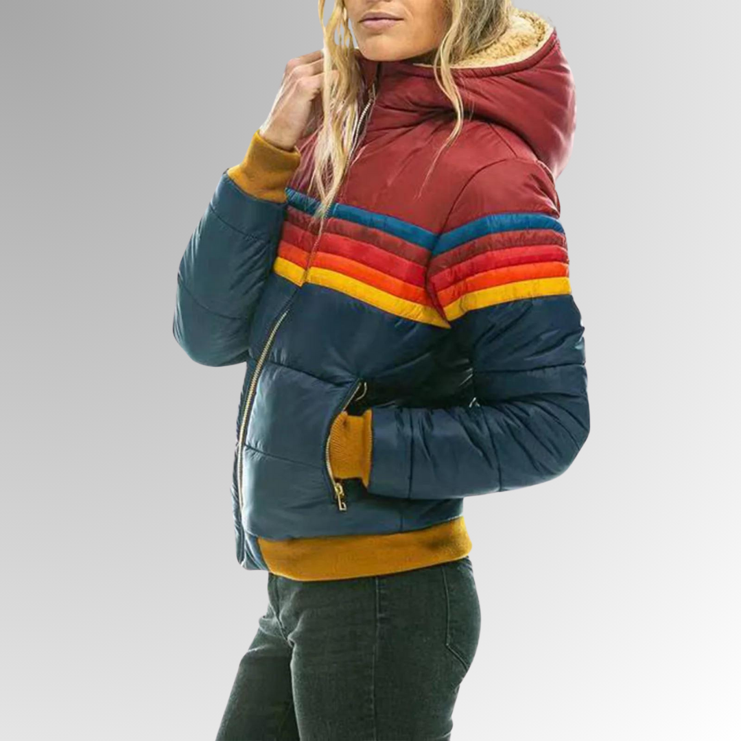 Veylanna | Damen-Steppjacke mit Kapuze, mehrfarbiger Wintermantel, leichte Daunenjacke