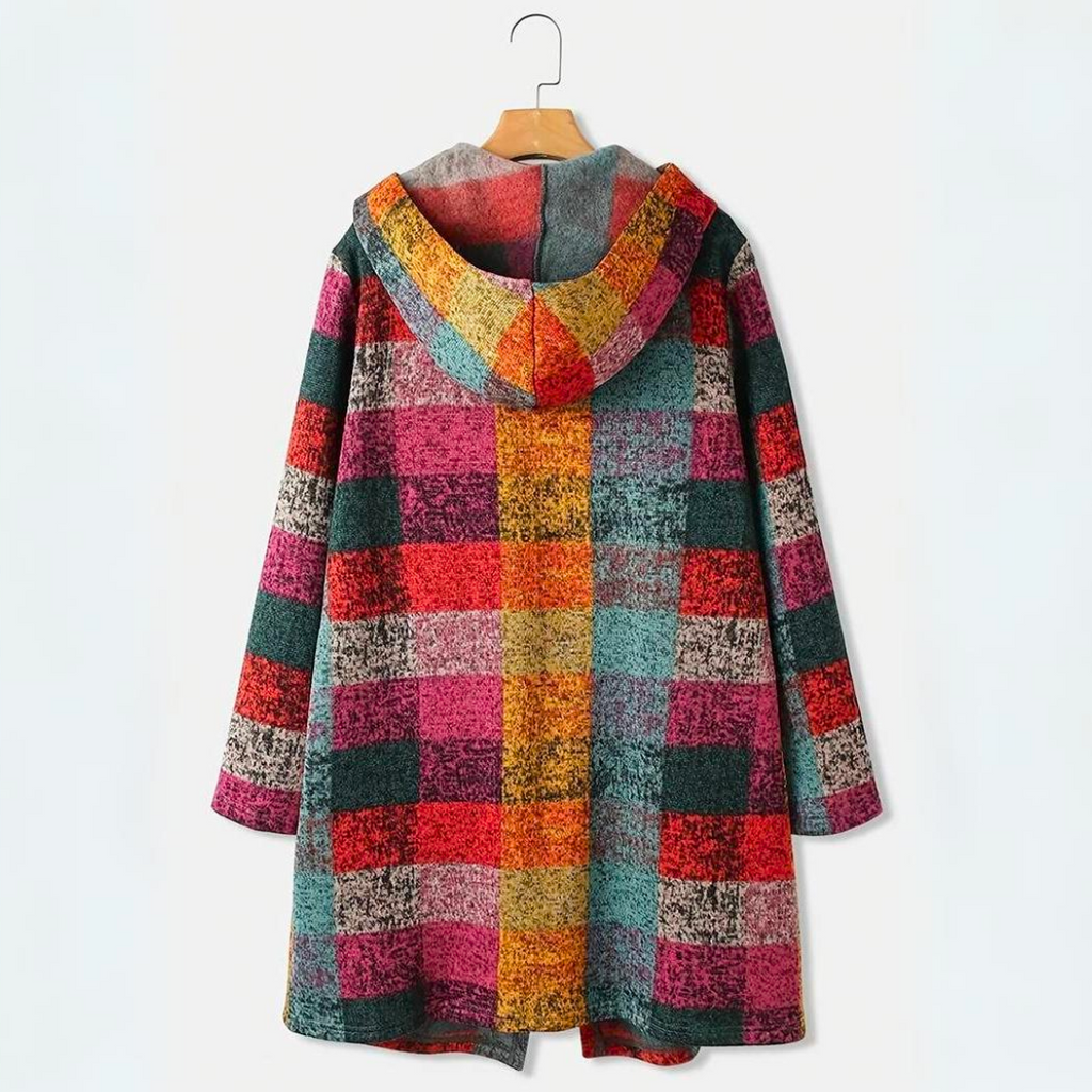 Sorynna | Gilet à capuche oversize à carreaux pour femme – Gilet multicolore ouvert sur le devant