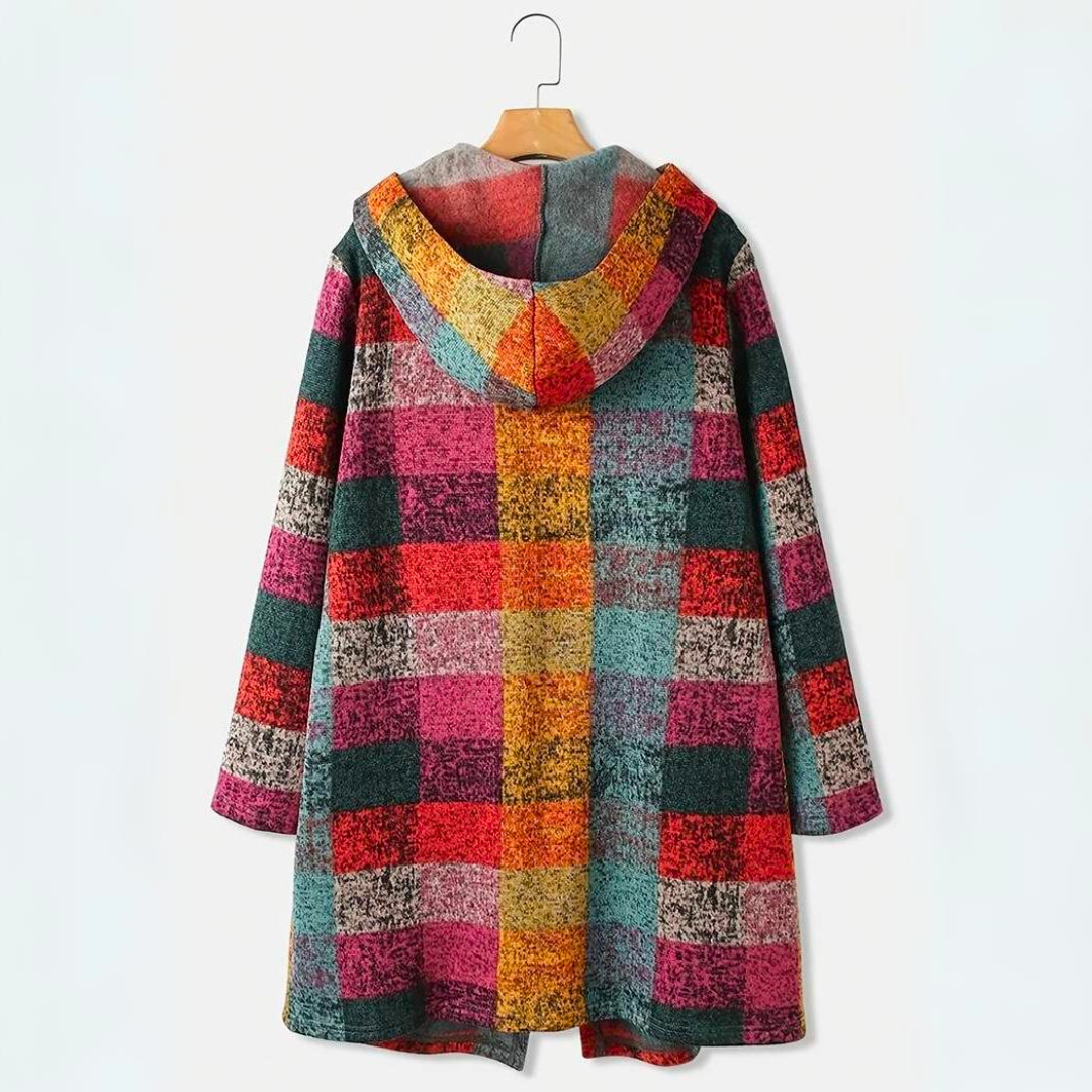 Sorynna | Gilet à capuche oversize à carreaux pour femme – Gilet multicolore ouvert sur le devant