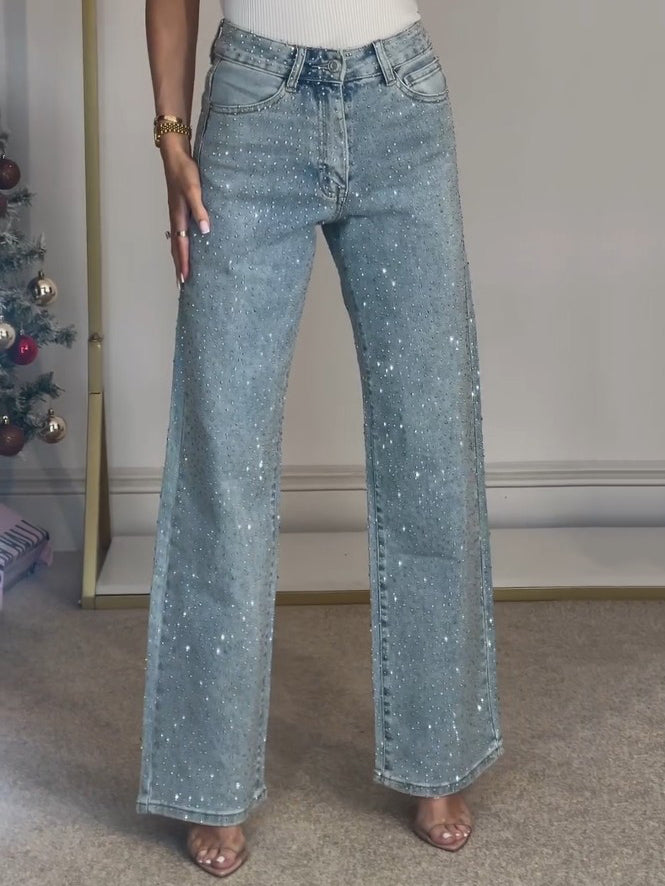 Pryella | Dames Jeans met Wijde Pijpen en Subtiele Pailletten-Glans – Glamoureuze Denim Broek