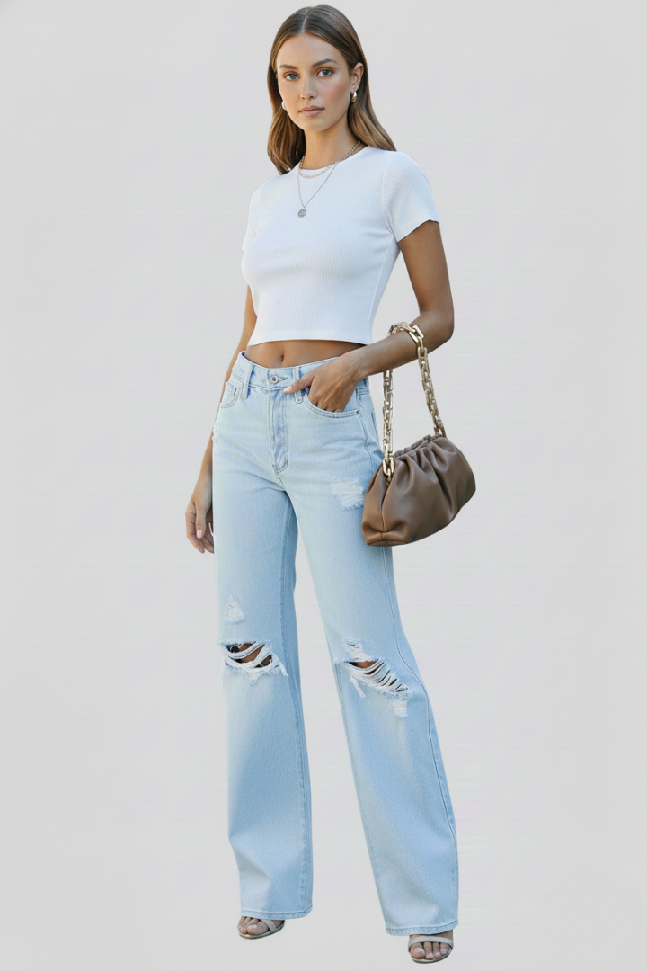 Nyvessa | Damesjeans met hoge taille en wijde pijpen – Denim met gescheurde knieën en een versleten look