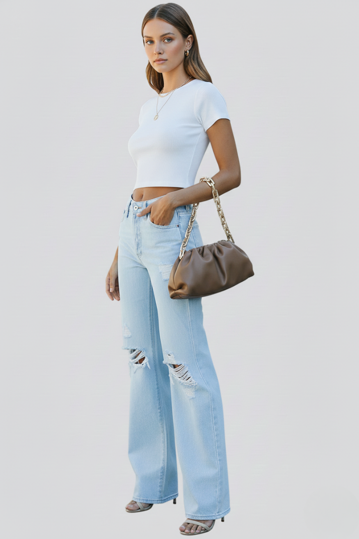 Nyvessa | Damesjeans met hoge taille en wijde pijpen – Denim met gescheurde knieën en een versleten look