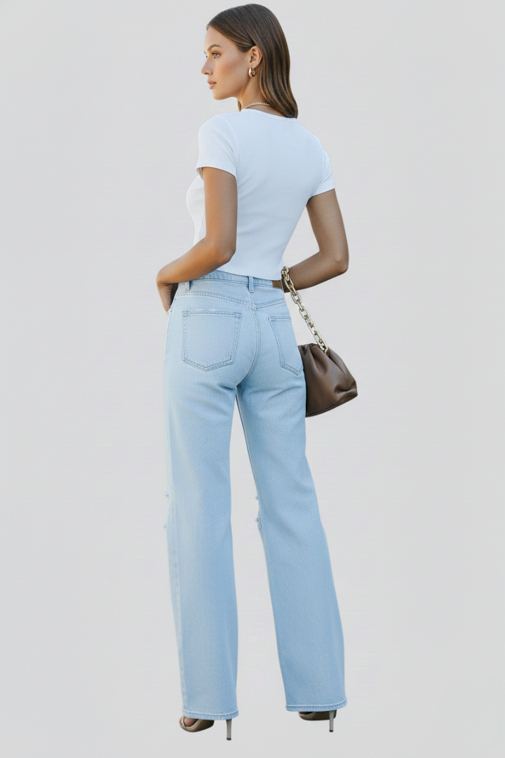 Nyvessa | Damesjeans met hoge taille en wijde pijpen – Denim met gescheurde knieën en een versleten look