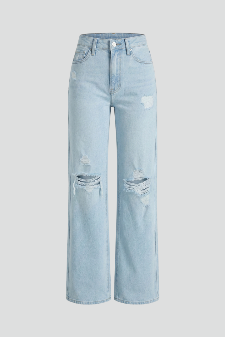 Nyvessa | Damesjeans met hoge taille en wijde pijpen – Denim met gescheurde knieën en een versleten look