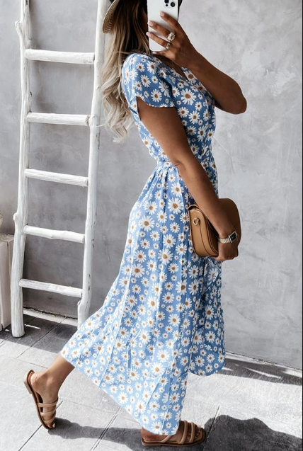 Vaisha | Midi-jurk met bloemenprint voor dames – Zomerse jurk met levendige madeliefjesprint