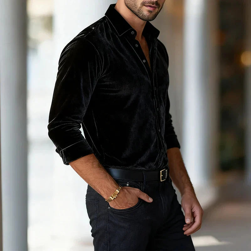 Surge | Men’s Velvet Button-Up Blouse Shirt, Soft Luxe Velvet Top, Long Sleeve Evening & Smart Casual