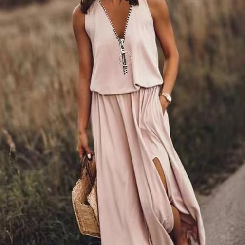 Avyelle | Dames Vloeiende Maxi-jurk – Mouwloze Casual Zomerjurk met Halve Rits