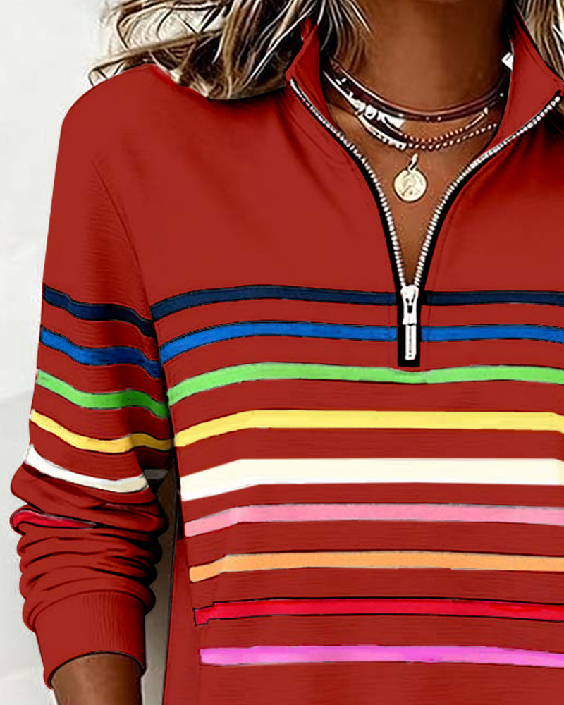 Vayen | Regenboogstreep sweatshirt met halve rits voor dames – Casual pullover, trendy kleurrijke top
