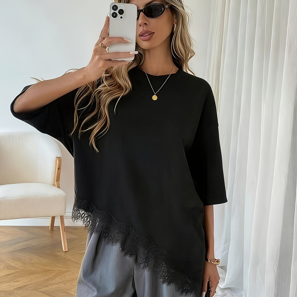 Calenne | Casual T-shirt voor dames met asymmetrische zoom en kanten patchwork