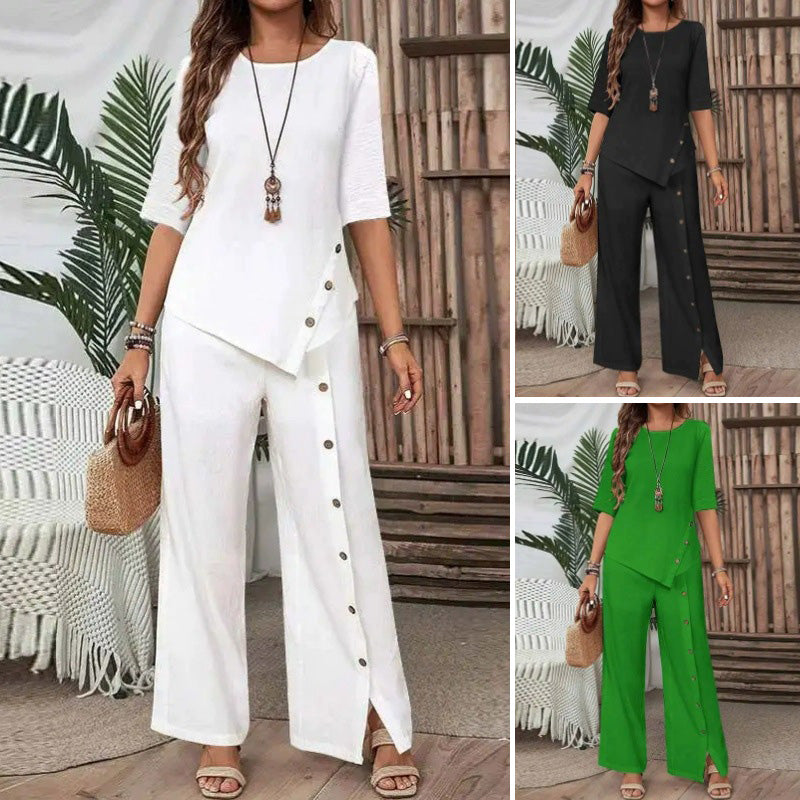 Caliora | Tweedelige set voor dames – Outfit met asymmetrische top en broek met wijde pijpen