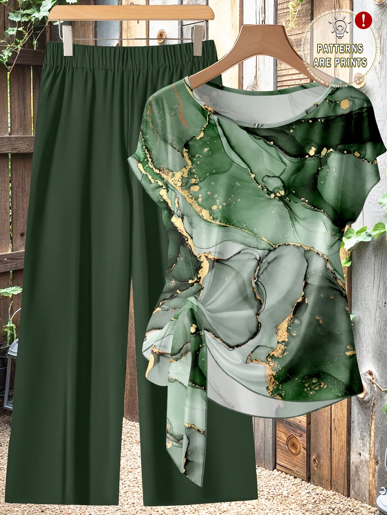 Gena | Tweedelige damesset – top met korte mouwen en bedrukte wijde broek, zomerse co-ord set