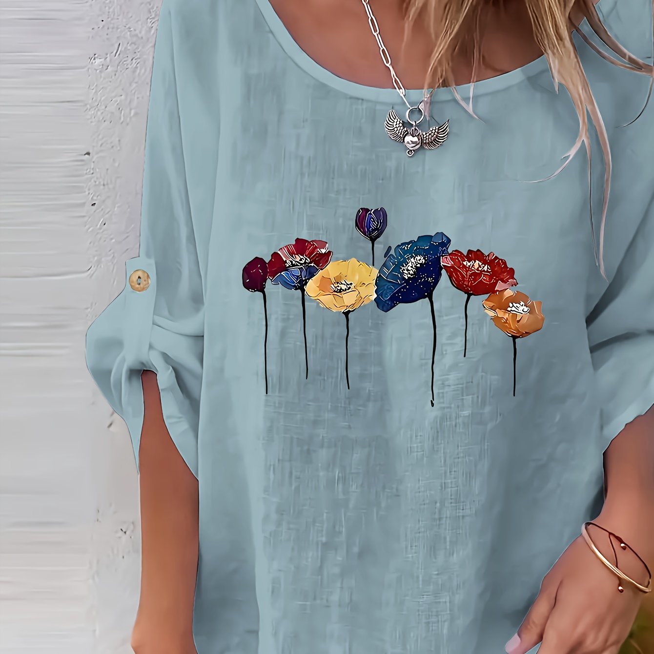 Lunelle | Elegant dames-T-shirt met bloemenprint en ronde hals – Casual, losse pasvorm, knoopjes, lente