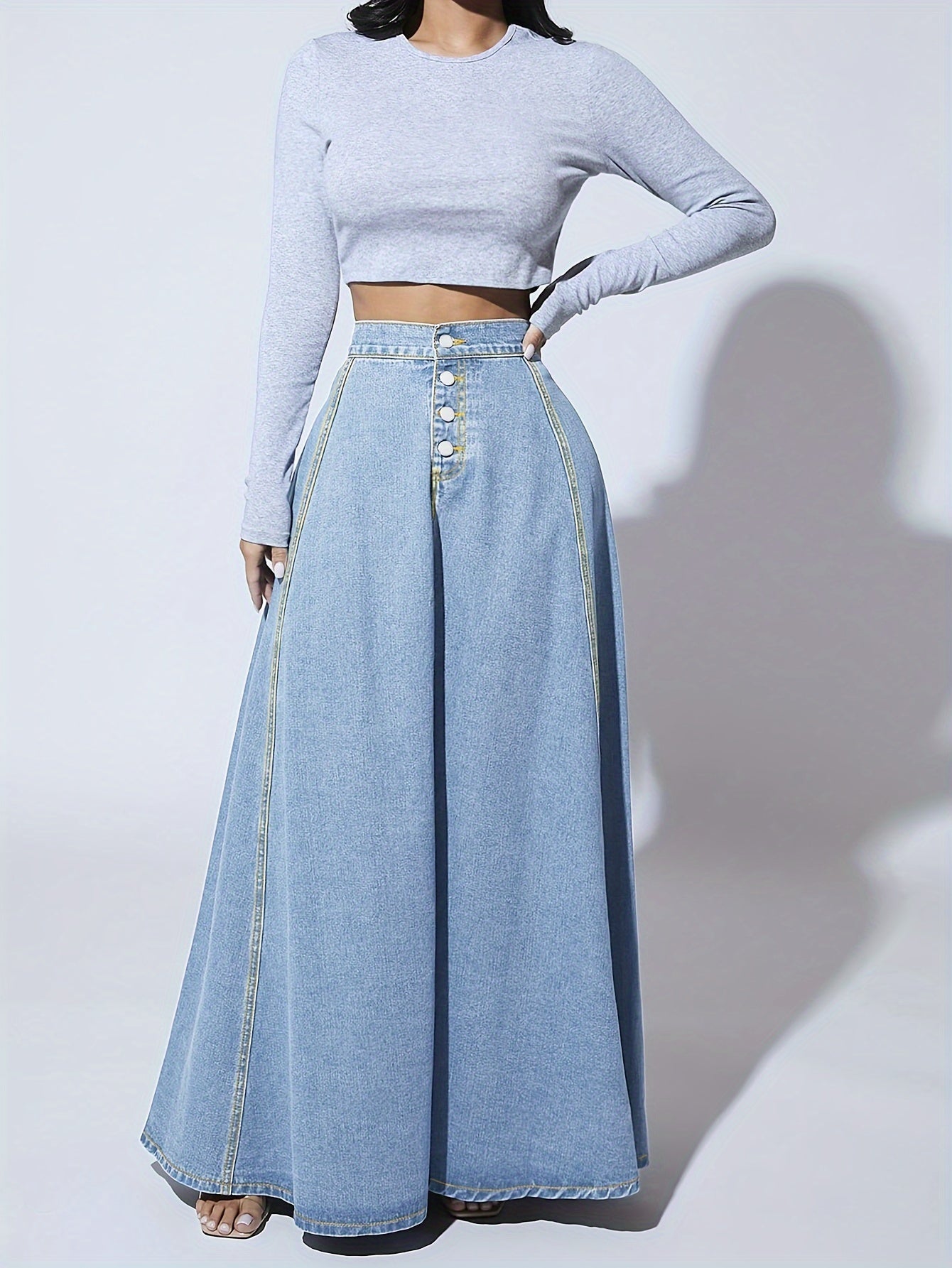 Melina | Hoog uitlopende enkelvoudige geruite maxi flare denim rok