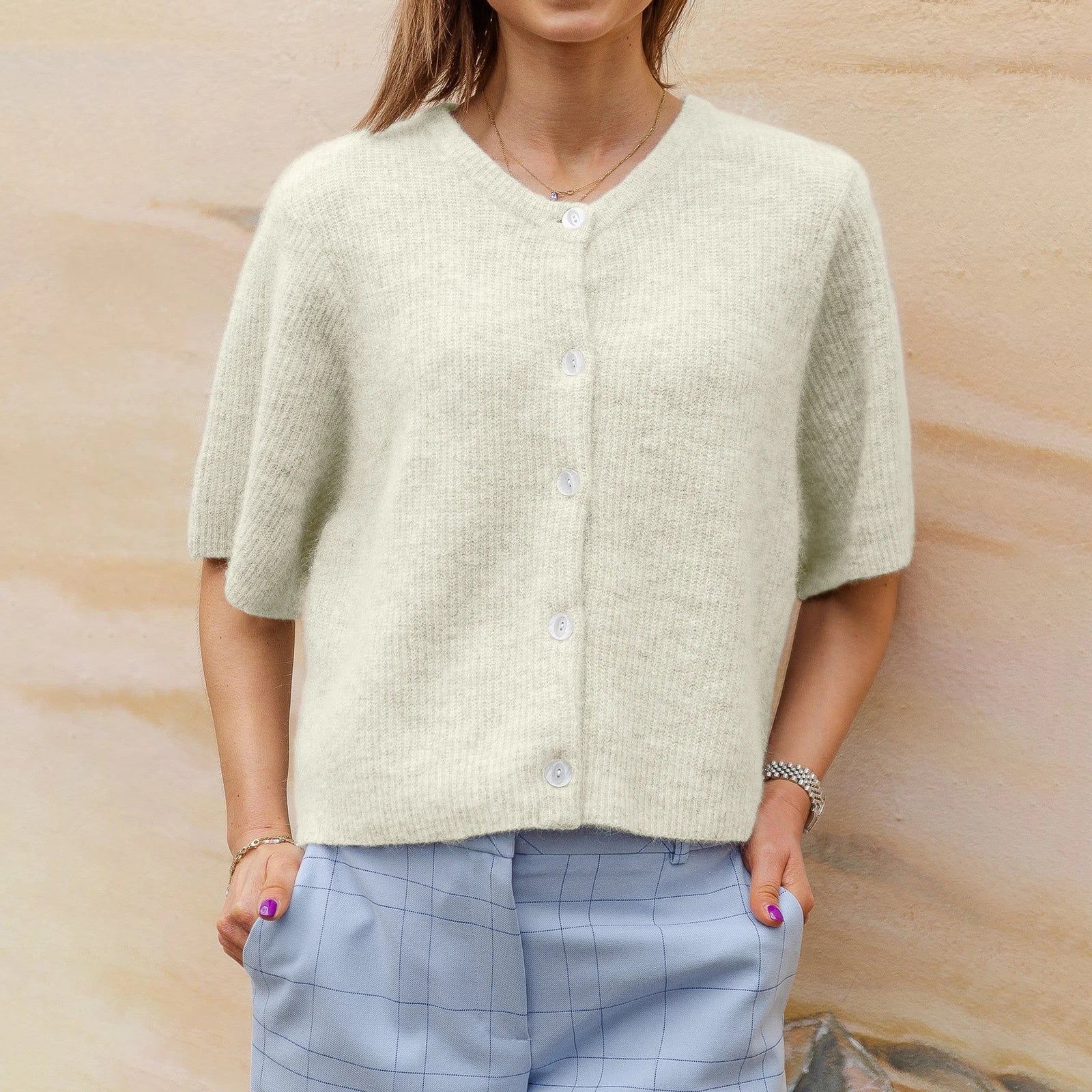 Vireliae | Dames Korte Mouw Cardigan – Lichtgewicht Gebreide Top met Knoopsluiting