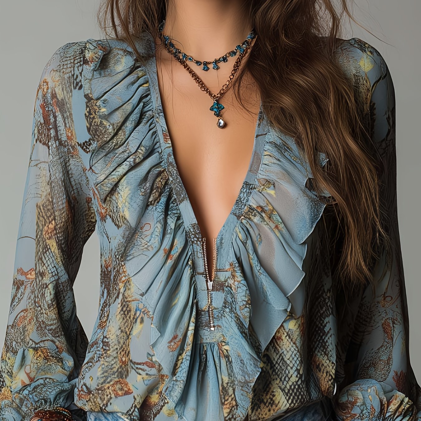 Lyta | Damesblouse van chiffon met bloemen- en slangenprint en ruches bij de V-hals