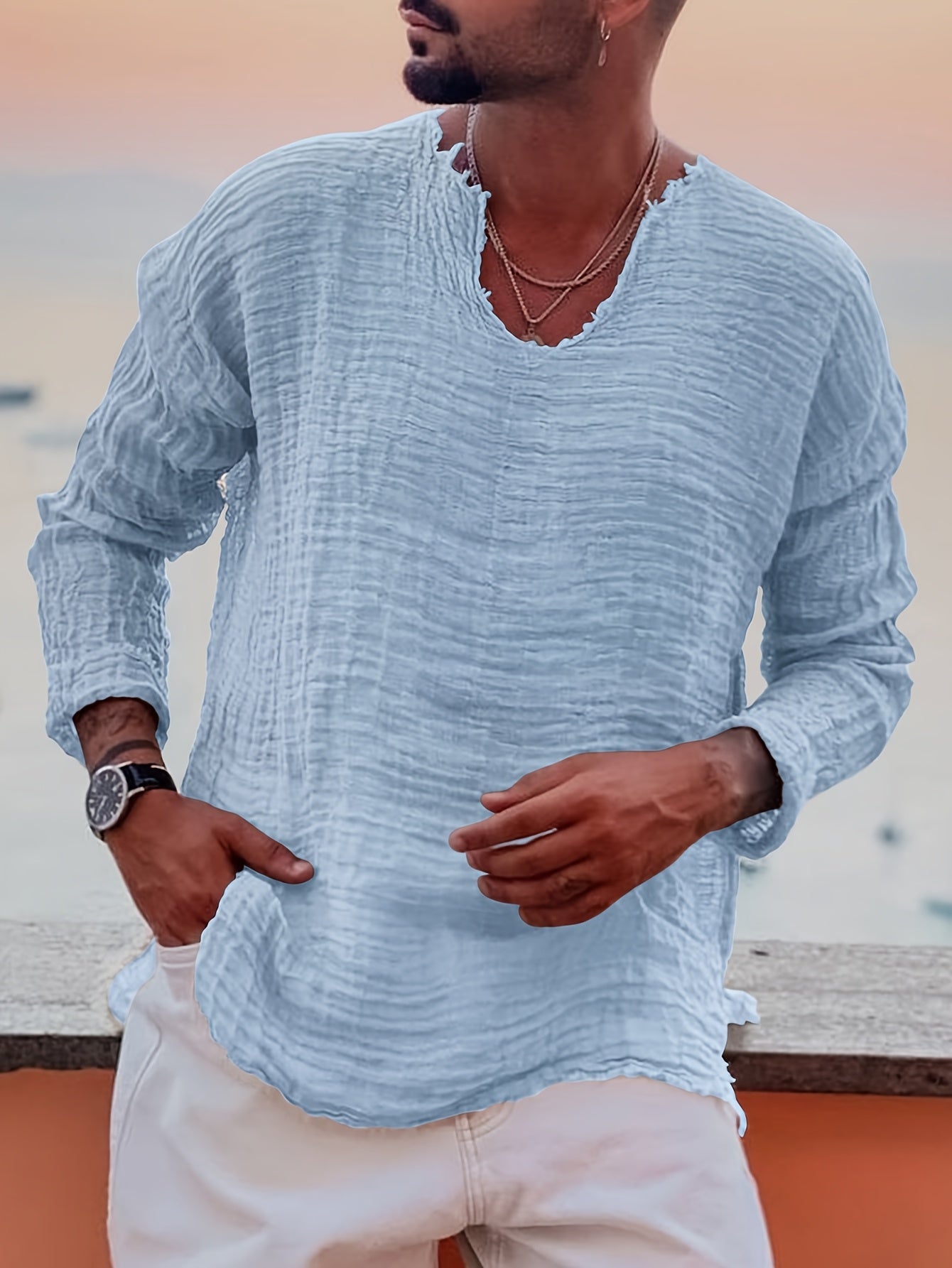 Silo | Heren-T-shirt met korte mouwen en V-hals – Casual zomers strandtop met verweerde look
