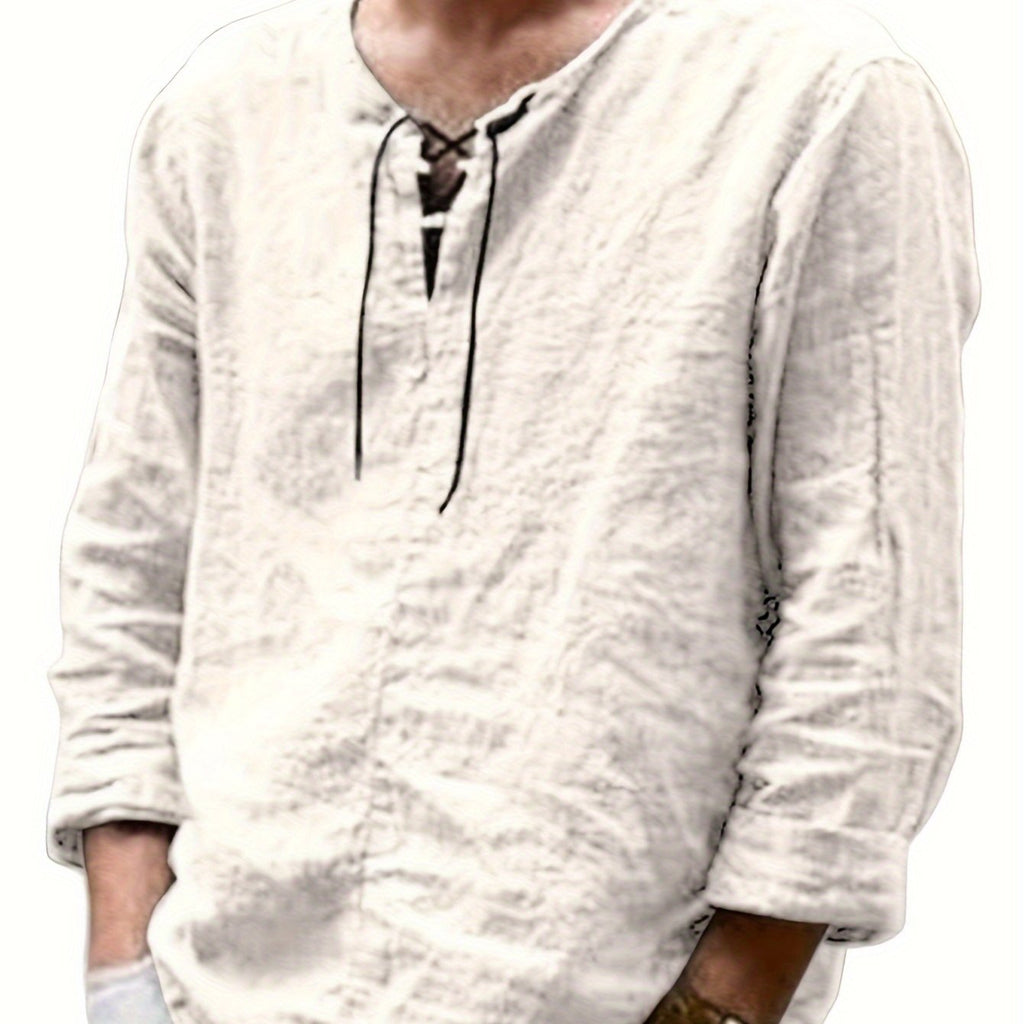 Arne | Chemise homme en coton et lin - manches longues, coupe ample décontractée, col à nouer