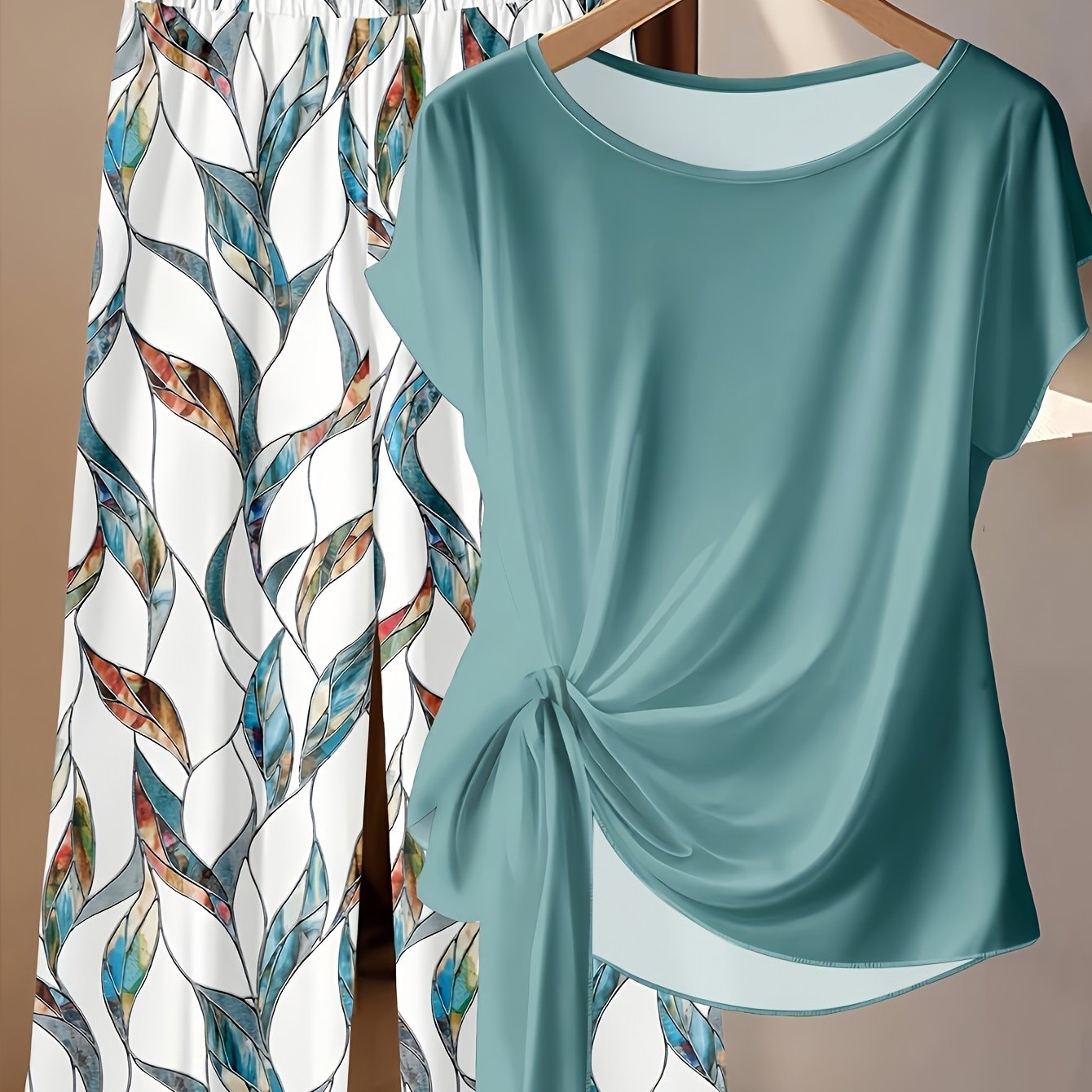 Gena | Tweedelige damesset – top met korte mouwen en bedrukte wijde broek, zomerse co-ord set