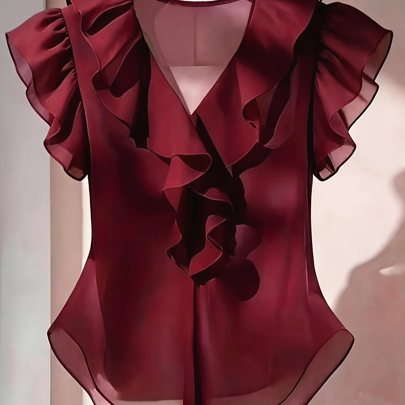 Vaenyra | Damesblouse in Franse stijl van chiffon – effen kleur met ruches en korte mouwen