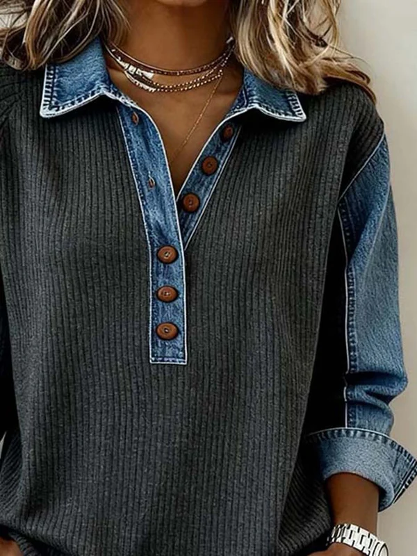 Arlena | Casual sweatshirt voor dames met denim patchwork –  Pullover met kleurblokken