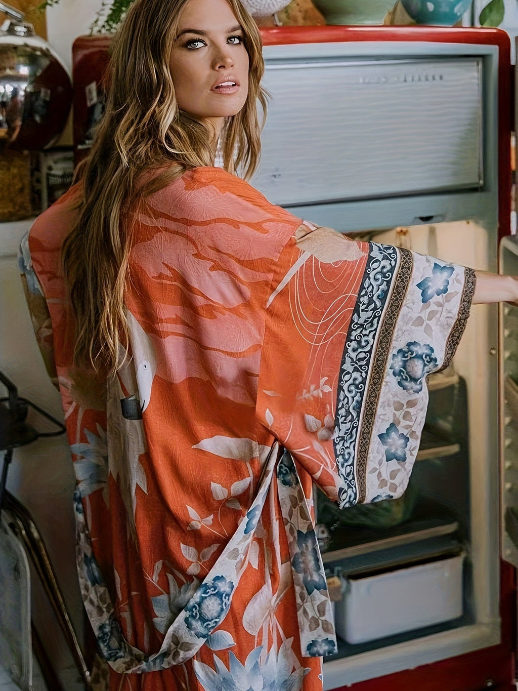 Emmeline | Kimono met bloemenprint voor dames – rode bloemen boho lichtgewicht zomer kimono cardigan