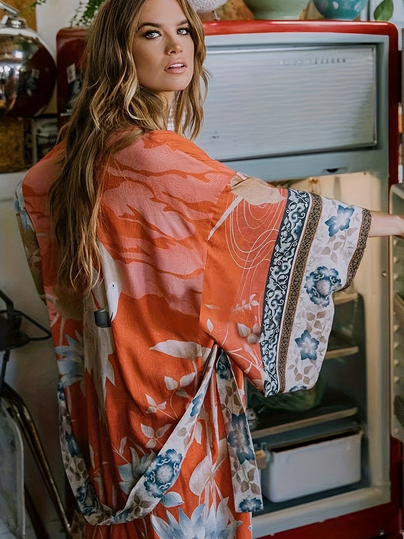 Emmeline | Kimono met bloemenprint voor dames – rode bloemen boho lichtgewicht zomer kimono cardigan