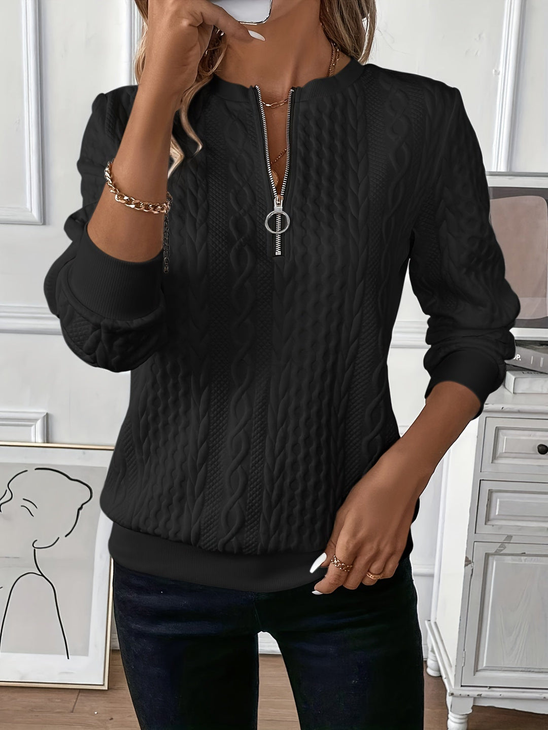 Ulthira | Zopfmuster-Pullover mit halbem Reißverschluss – Weicher Pullover aus Baumwollmischgewebe, stylisches Oberteil zum Drunterziehen