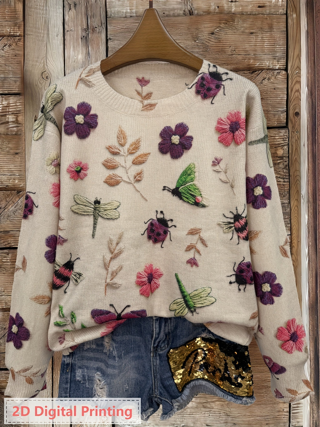 Jessamine | Dames Sweater met All-Over Insecten- en Bloemenprint