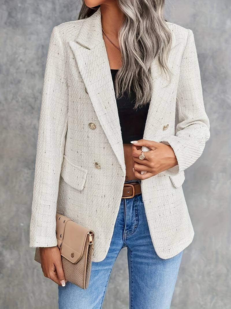Virenelle | Blazer croisé beige texturé pour femme – boutons dorés, coupe cintrée, manteau élégant
