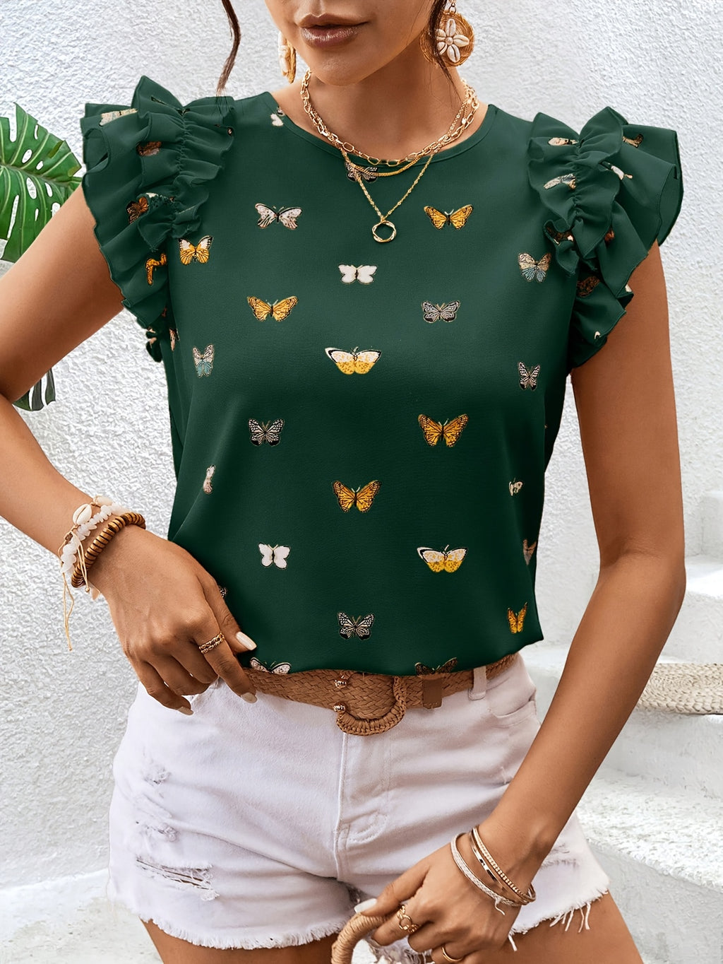 Islyn | Vakantietop voor dames – Elegante blouse met vlinderprint en ruches aan de mouwen