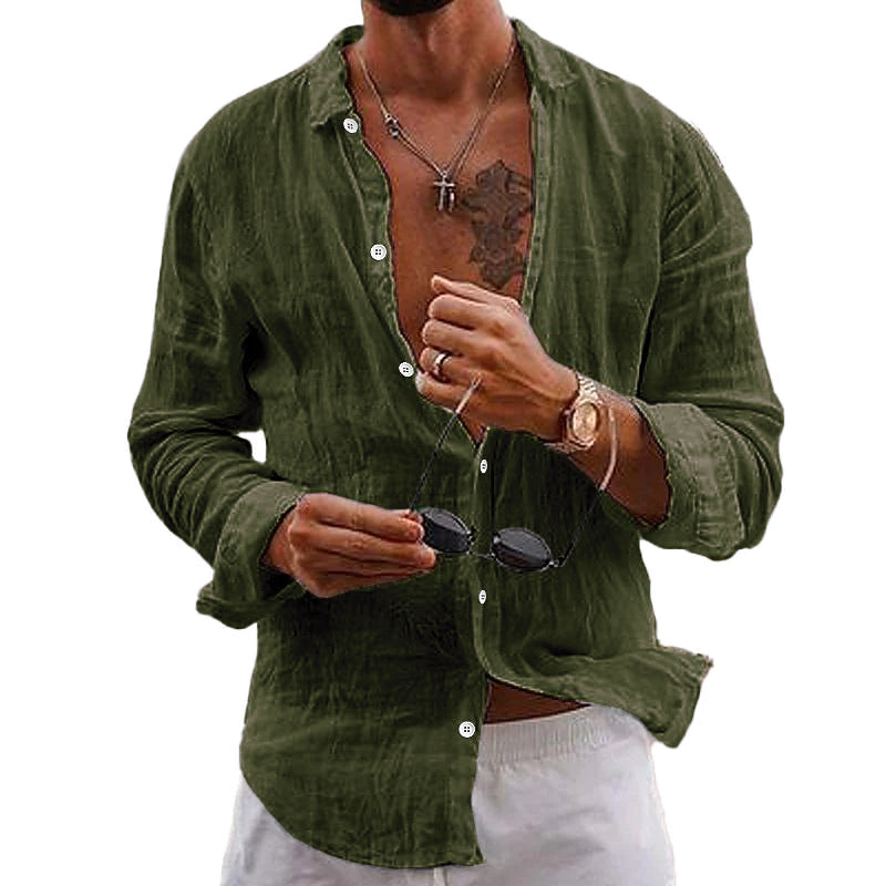 Daryon | Herenkatoenen linnen shirt met lange mouwen – casual effen kleur met knopen, ademend