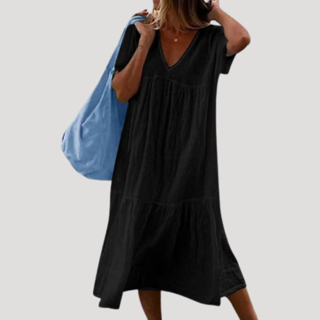 Valeriah | Linnen-Cotton Midi Jurk – V-Hals, Lichte Casual Zomerjurk met Gelaagde Rok