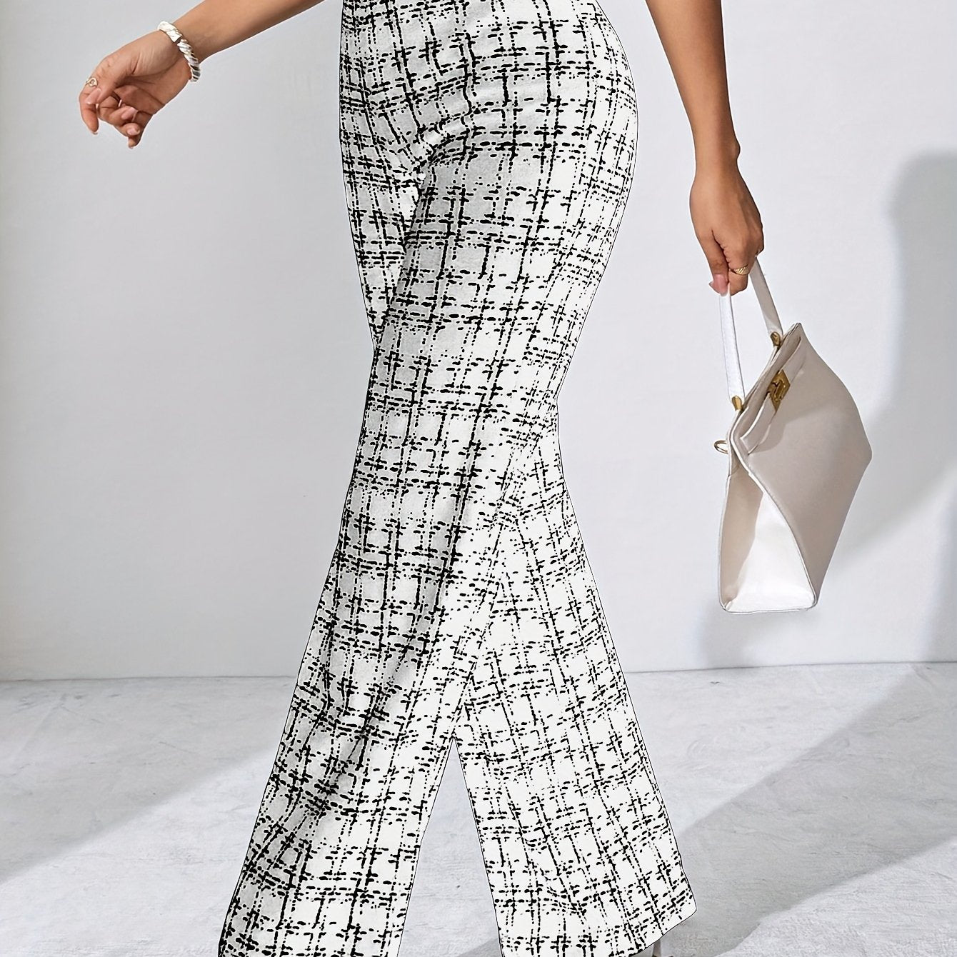 Laverna | Hoge taille geruite tweed flare broek voor dames – Rekbare casual broek met wijde pijpen